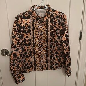 NWOT Black & Gold Baroque Pattern Blouse, size M